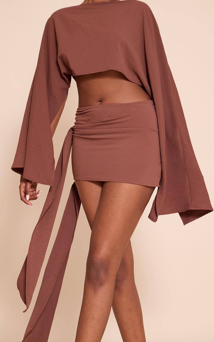 Pretty Little Thing Dark Brown Floaty Woven Knot Side Mini Skirt
