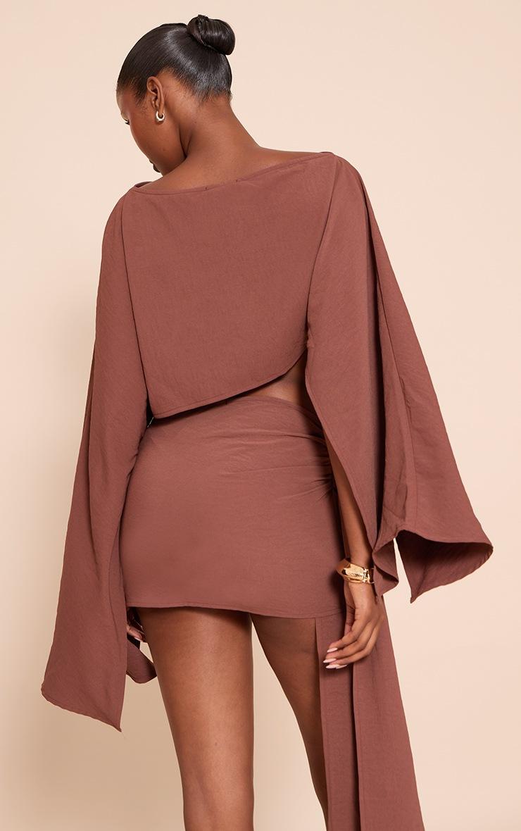 Pretty Little Thing Dark Brown Floaty Woven Slash Neck Long Sleeve Top