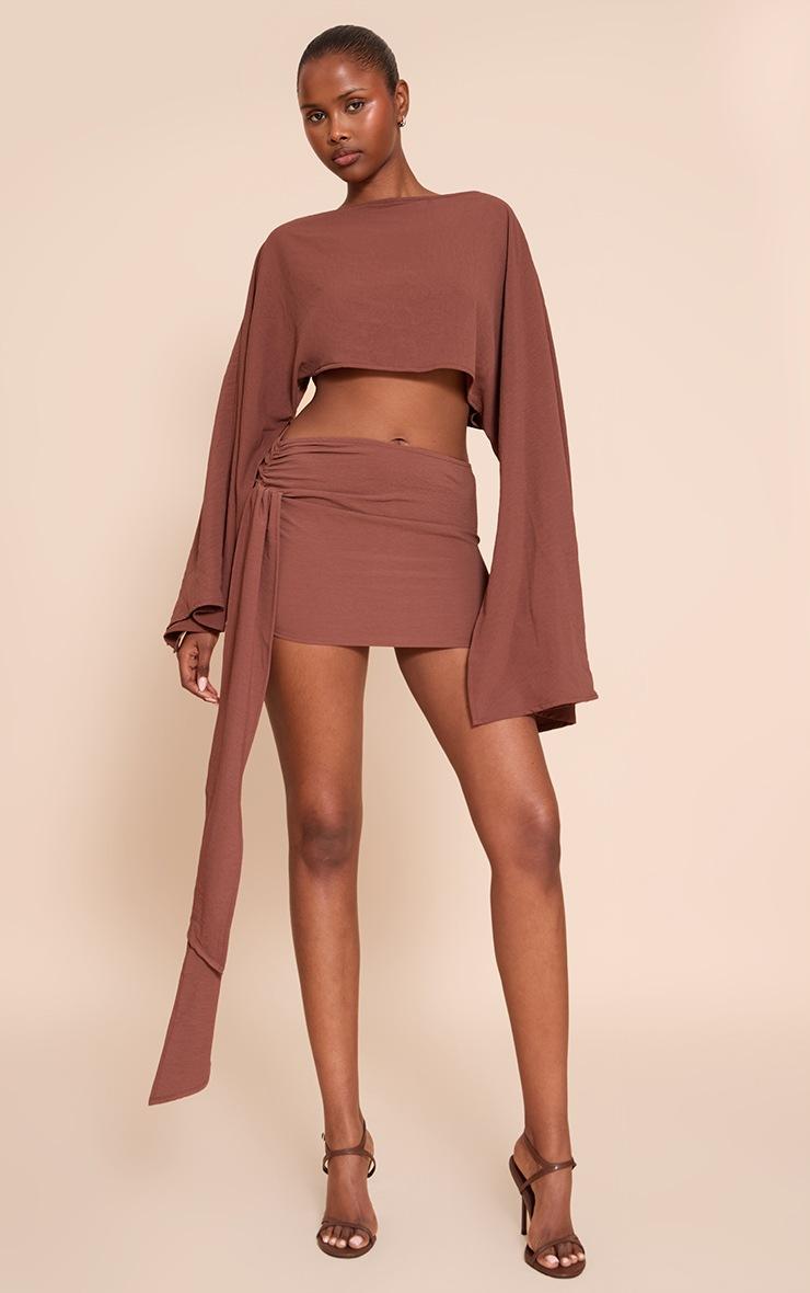 Pretty Little Thing Dark Brown Floaty Woven Slash Neck Long Sleeve Top