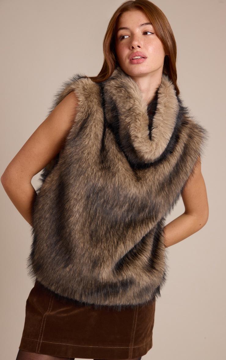 Pretty Little Thing Dark Brown High Neck Pull On Faux Fur Vest