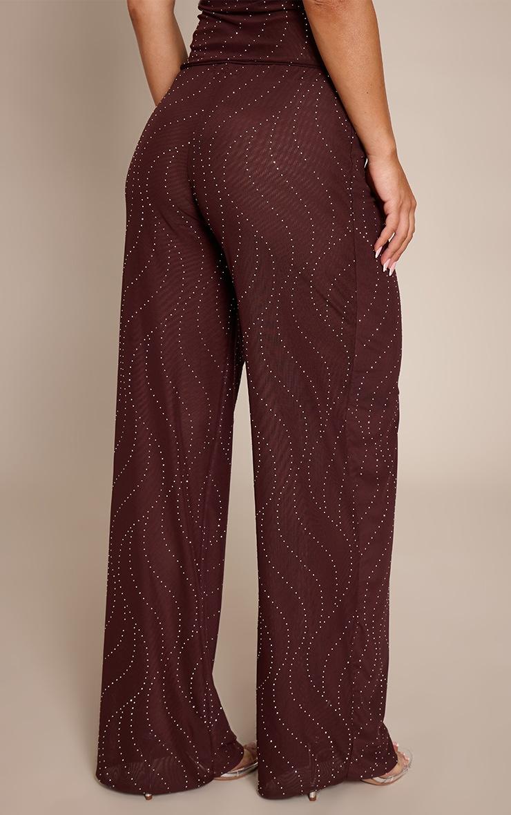 Pretty Little Thing Dark Brown Hot Fix Mesh Wide Leg Pants