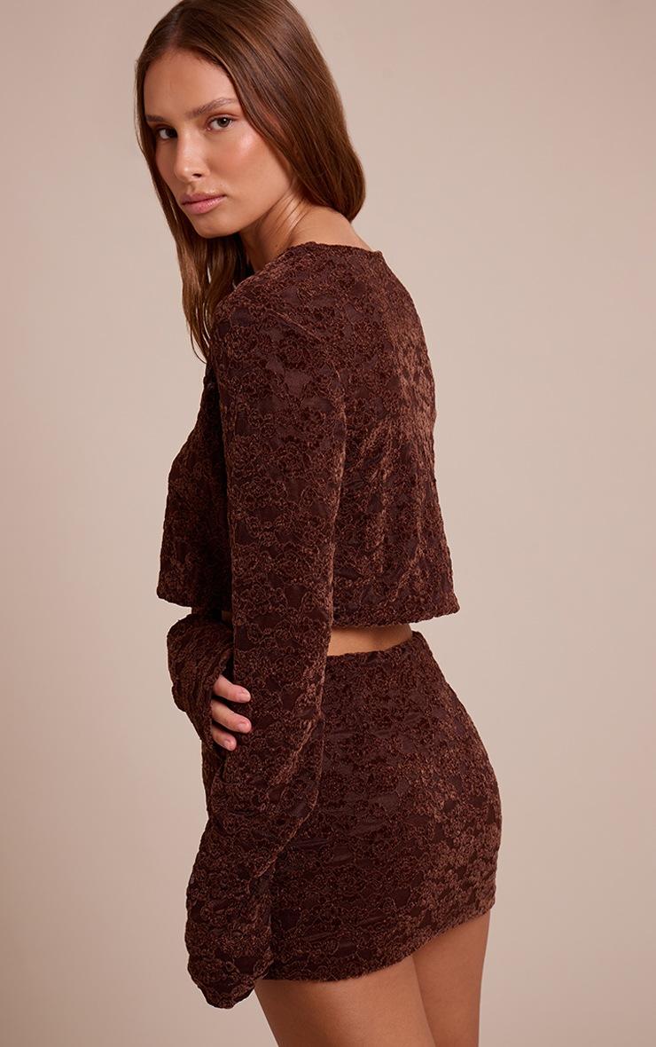 Pretty Little Thing Dark Brown Lace Button Up Long Sleeve Crop Top