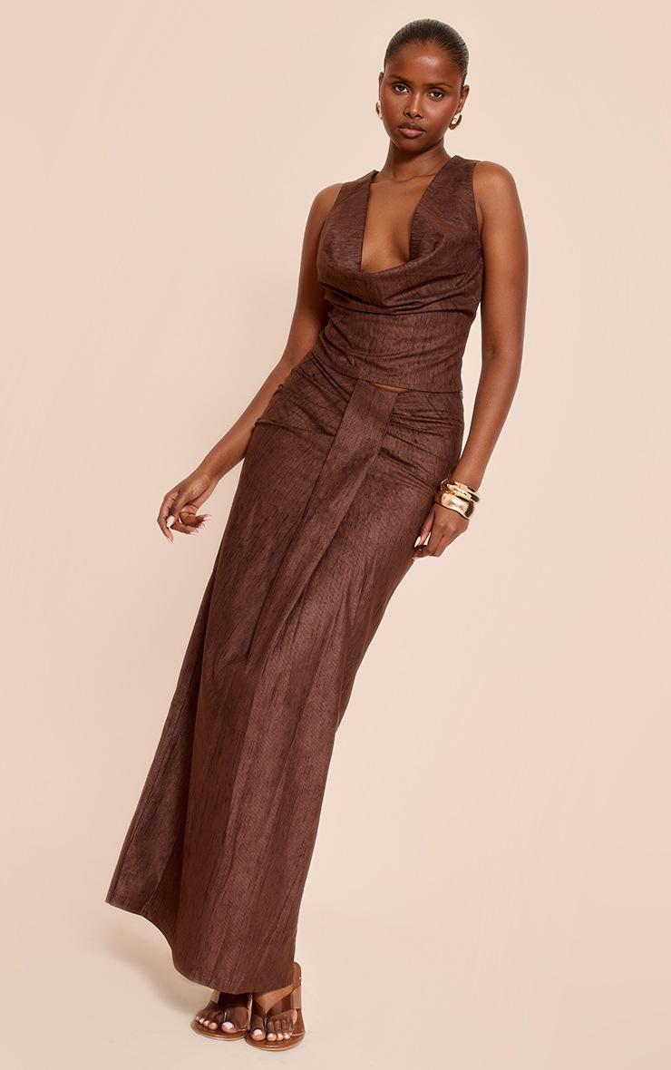 Pretty Little Thing Dark Brown Lightweight Corduroy Cowl Neck Top