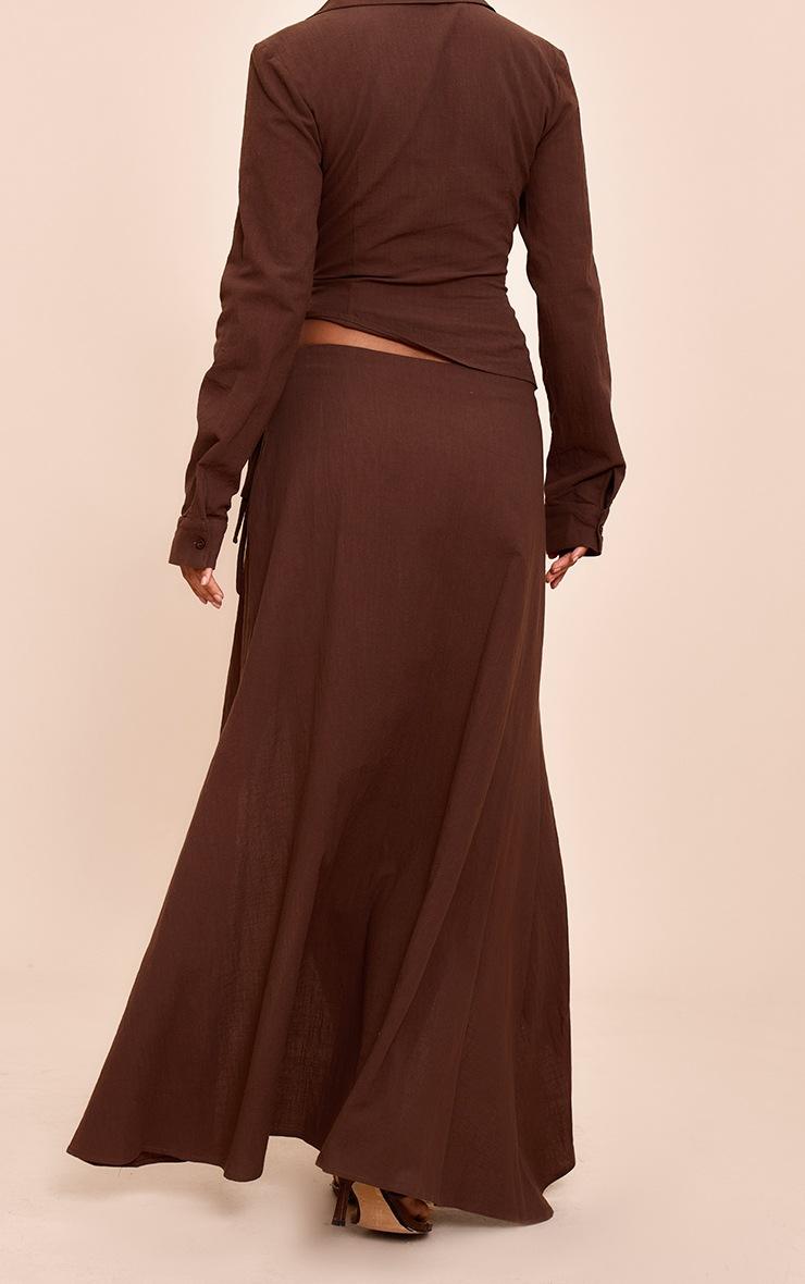 Pretty Little Thing Dark Brown Linen Look Split Tie Midi Skirt