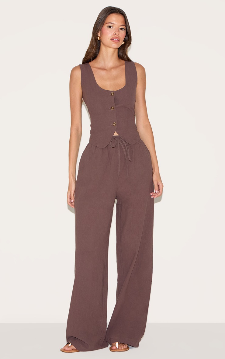 Pretty Little Thing Dark Brown Linen Look Tailored Scoop Neck Fitted Vest