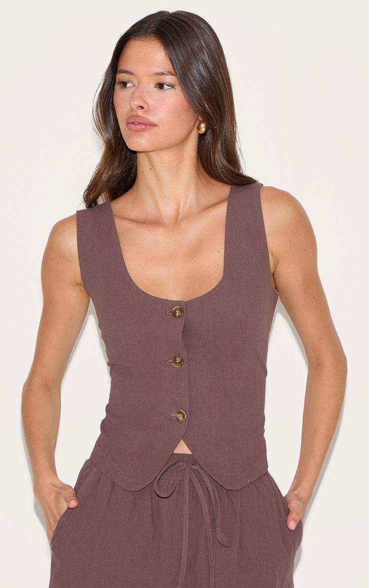 Pretty Little Thing Dark Brown Linen Look Tailored Scoop Neck Fitted Vest