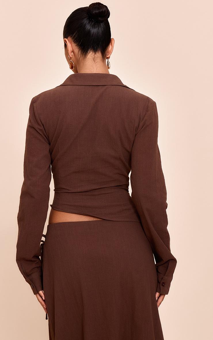 Pretty Little Thing Dark Brown Linen Look Twist Plunge Shirt