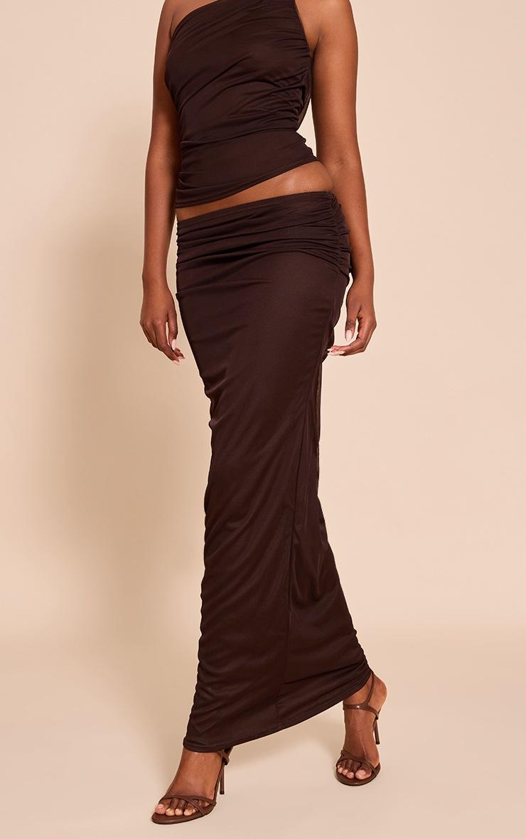 Pretty Little Thing Dark Brown Mesh Ruched Maxi Skirt