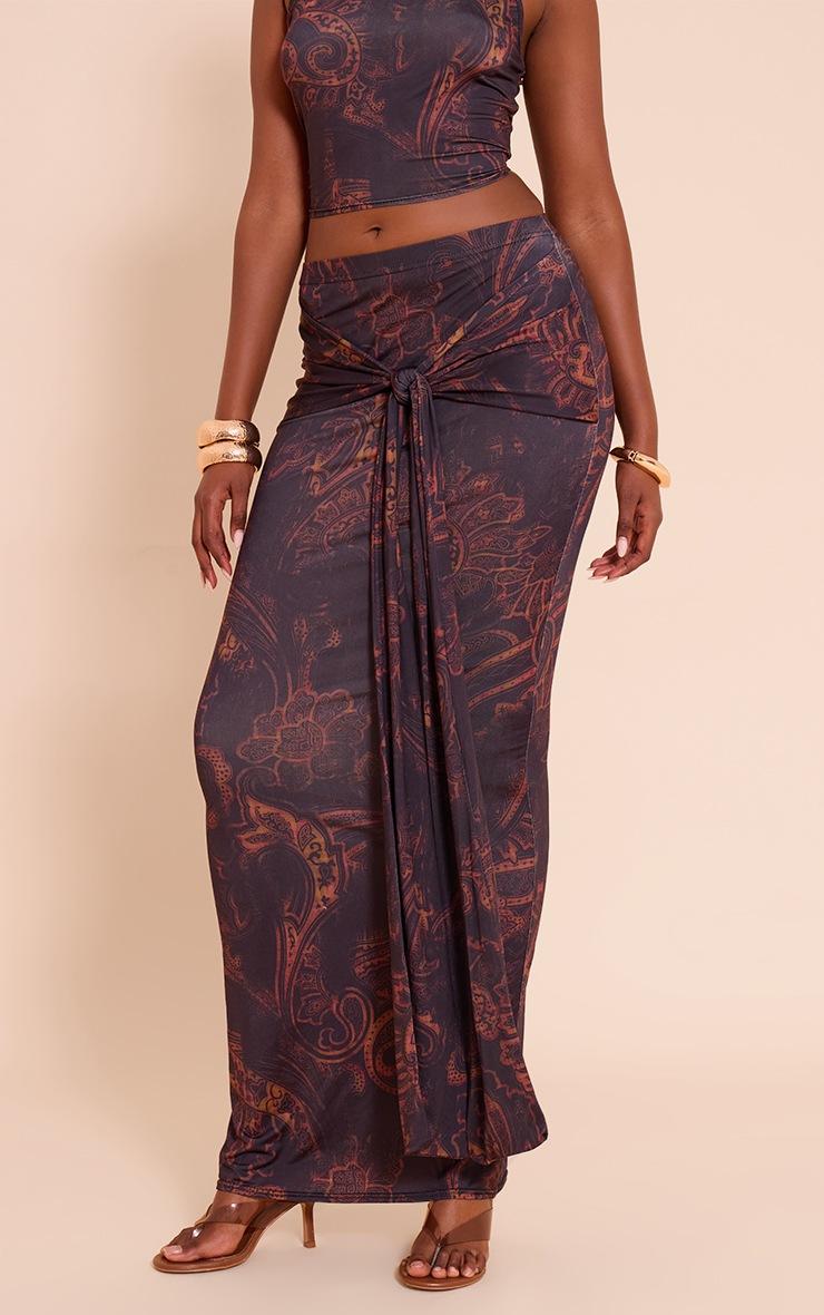 Pretty Little Thing Dark Brown Paisley Print Slinky Tie Detail Maxi Skirt