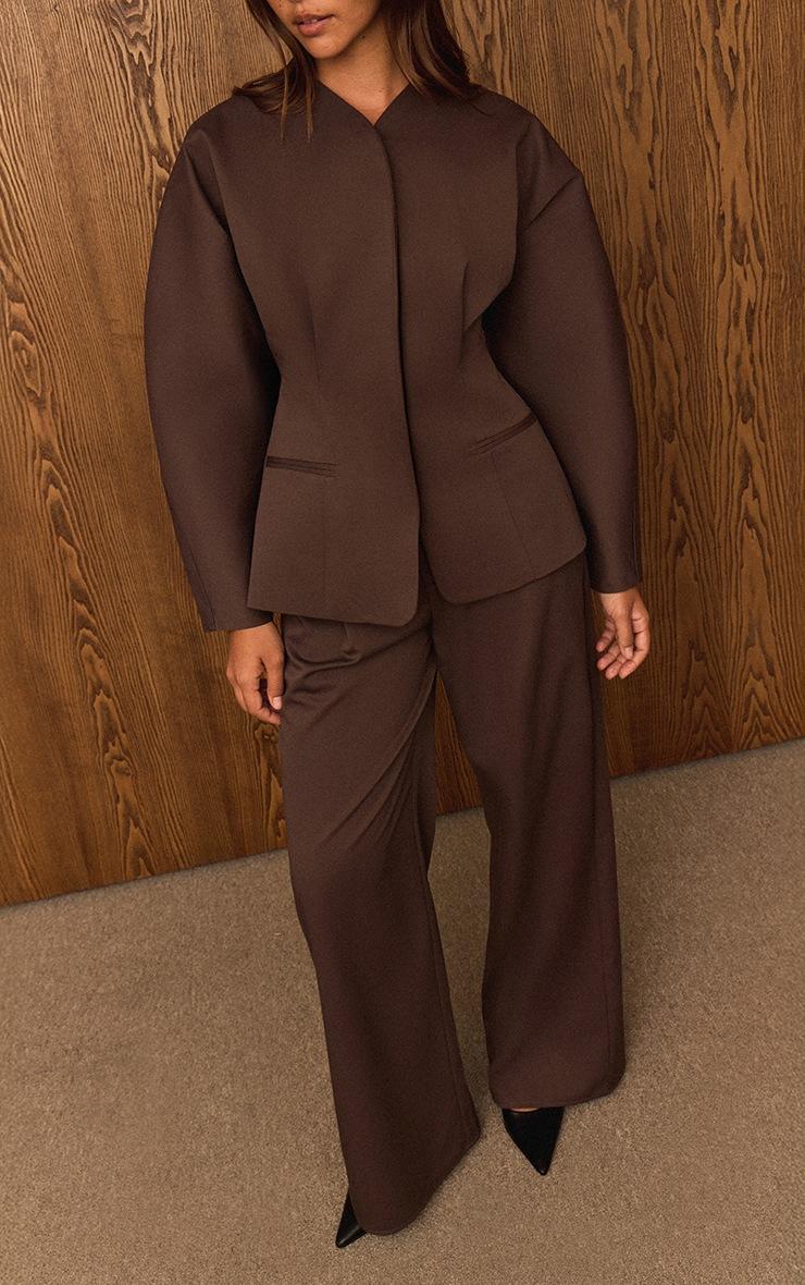 Pretty Little Thing Dark Brown Premium Woven Tailored Collarless Blazer