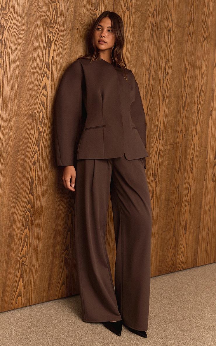 Pretty Little Thing Dark Brown Premium Woven Tailored Wide Leg Pleated Pants