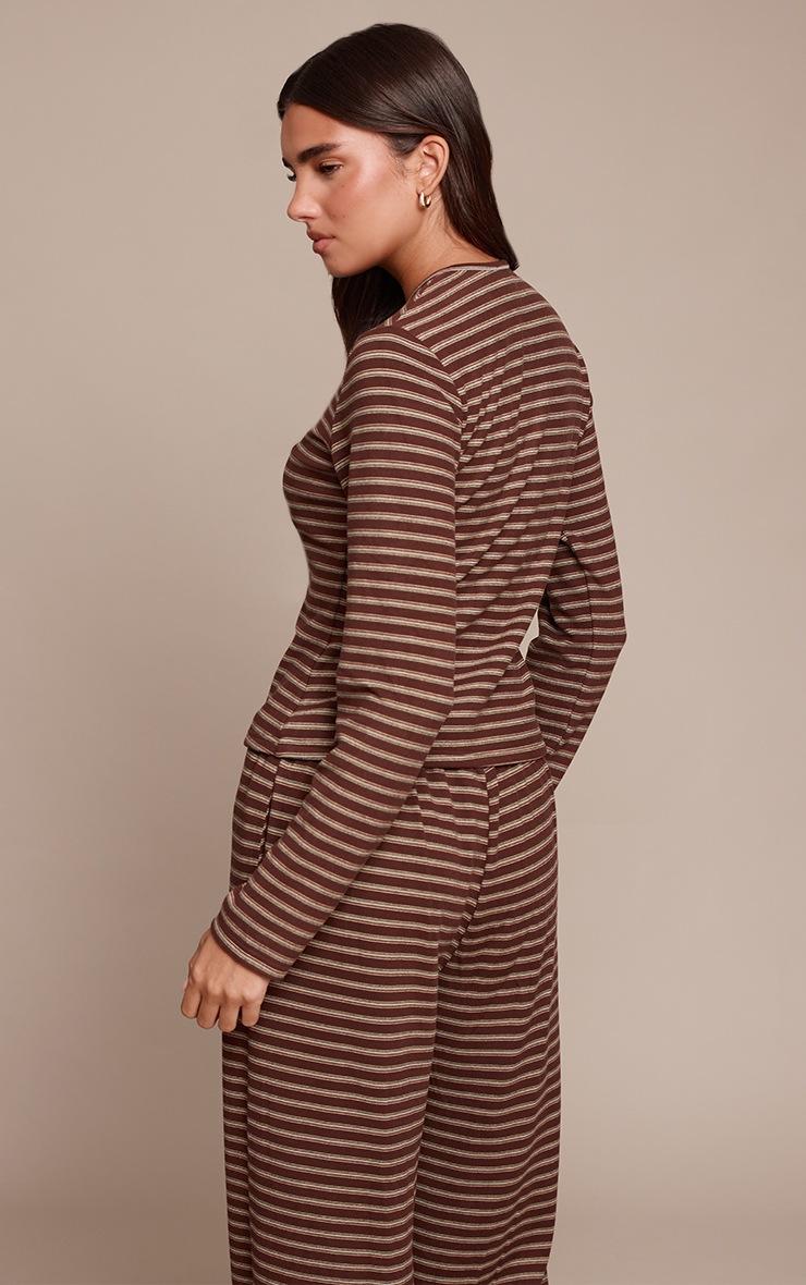 Pretty Little Thing Dark Brown Soft Fleece Striped Button Up Top