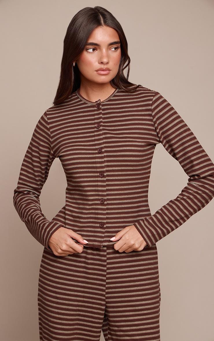 Pretty Little Thing Dark Brown Soft Fleece Striped Button Up Top