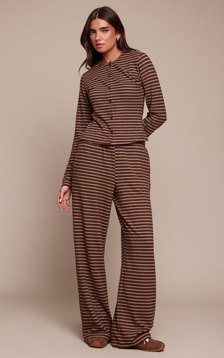 Pretty Little Thing Dark Brown Soft Fleece Striped Straight Leg Pants