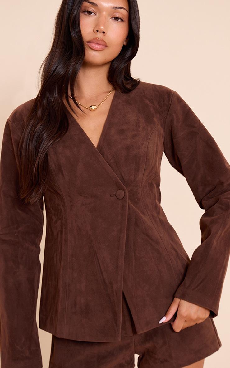Pretty Little Thing Dark Brown Structured Faux Suede Cinched Waist Blazer
