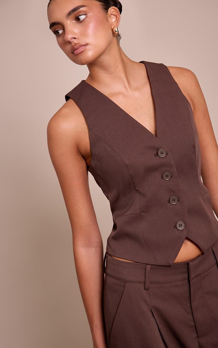 Pretty Little Thing Dark Brown Tailored Woven Button Detail Vest