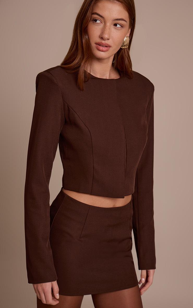 Pretty Little Thing Dark Brown Tailored Woven Cropped Blazer