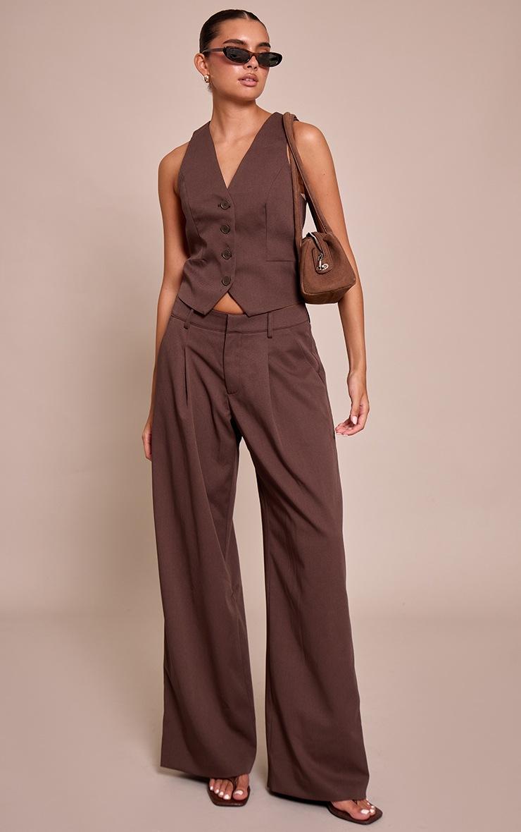 Pretty Little Thing Dark Brown Tailored Woven Wide Leg Pleated Pant