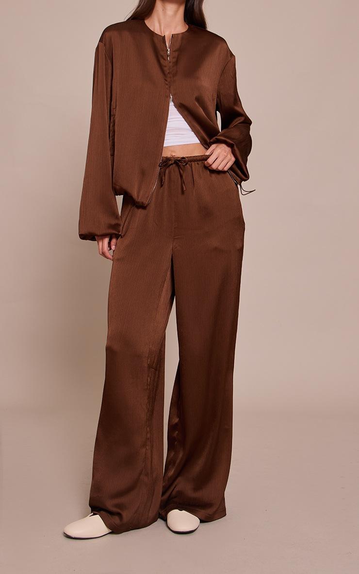 Pretty Little Thing Dark Brown Textured Satin Drawstring Straight Leg Pant