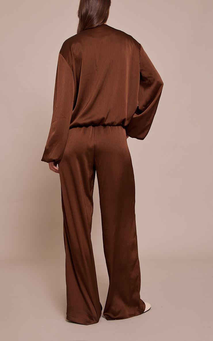 Pretty Little Thing Dark Brown Textured Satin Drawstring Straight Leg Pant
