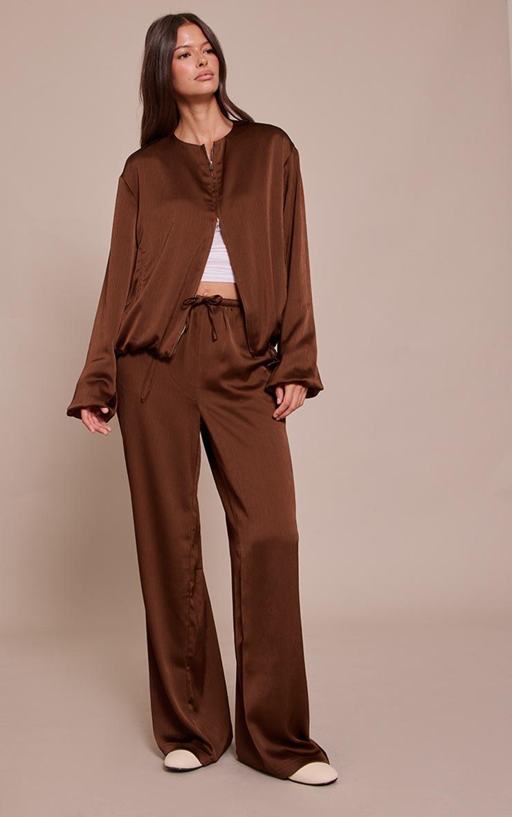 Pretty Little Thing Dark Brown Textured Satin Drawstring Straight Leg Pant