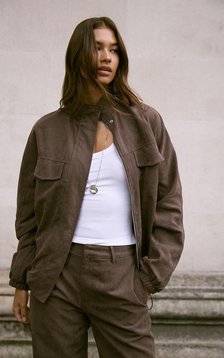 Pretty Little Thing Dark Brown Zip Up High Neck Jacket