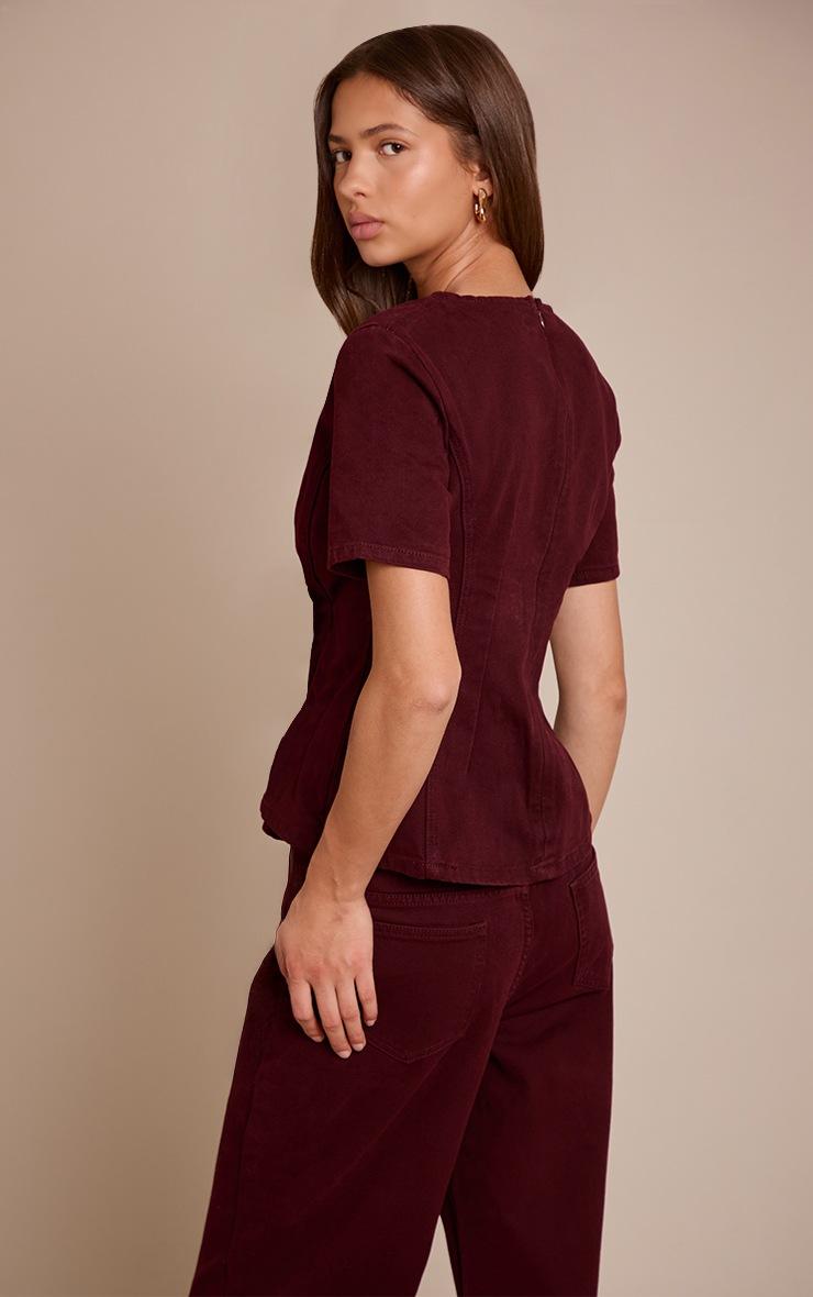 Pretty Little Thing Dark Burgundy Cinched Waist Peplum Denim Top