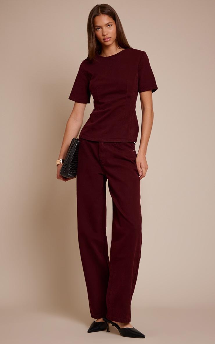 Pretty Little Thing Dark Burgundy Cinched Waist Peplum Denim Top