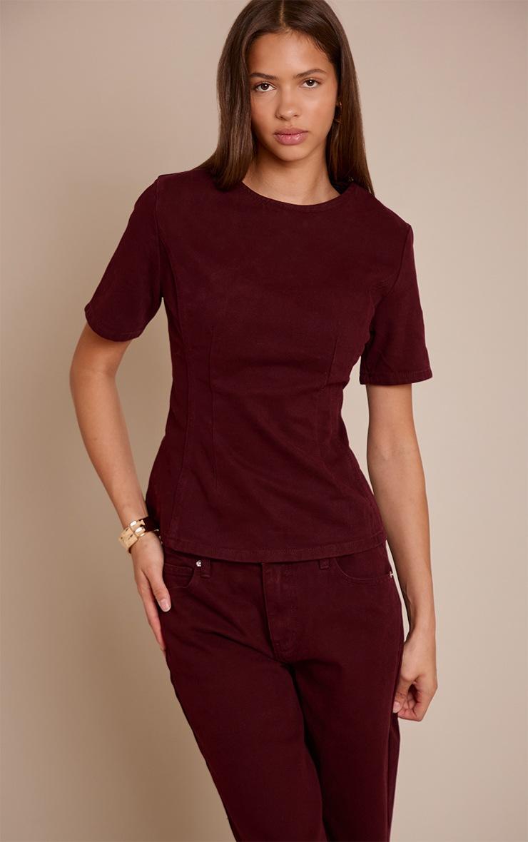 Pretty Little Thing Dark Burgundy Cinched Waist Peplum Denim Top