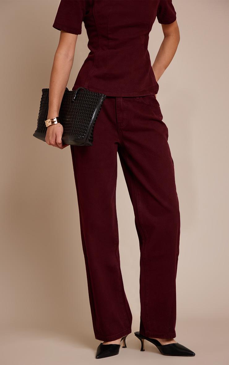 Pretty Little Thing Dark Burgundy Mid Rise Straight Leg Jeans