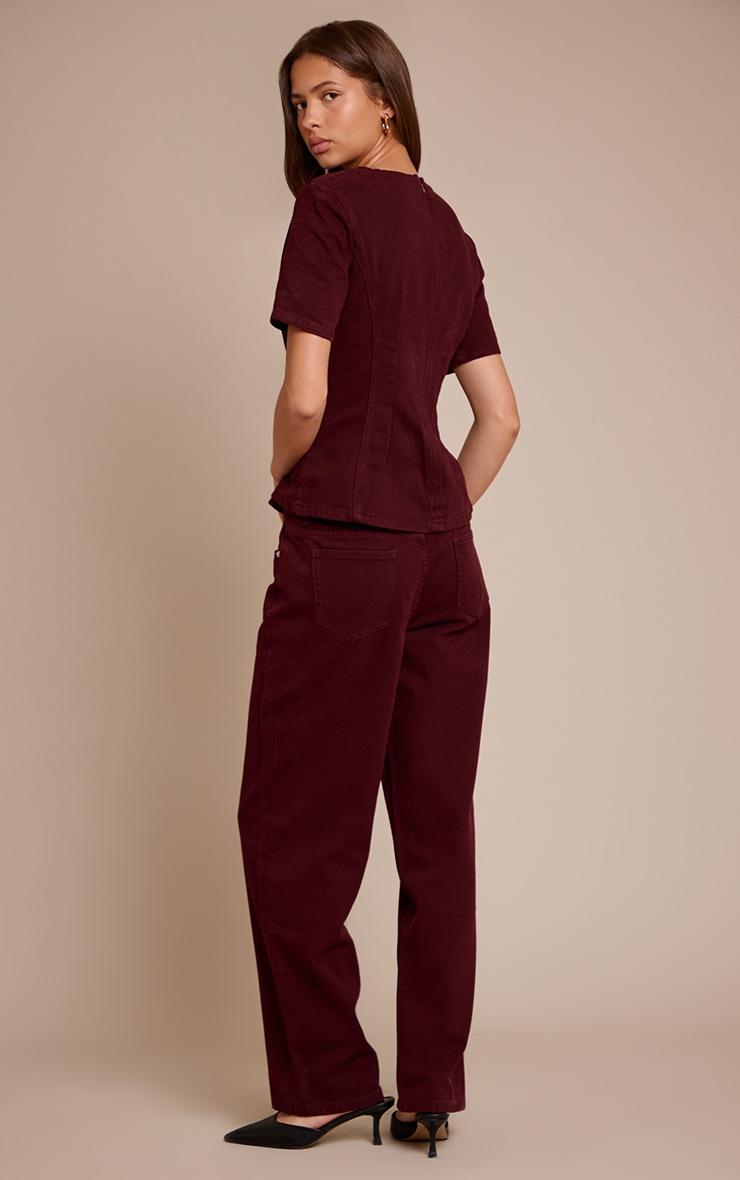 Pretty Little Thing Dark Burgundy Mid Rise Straight Leg Jeans