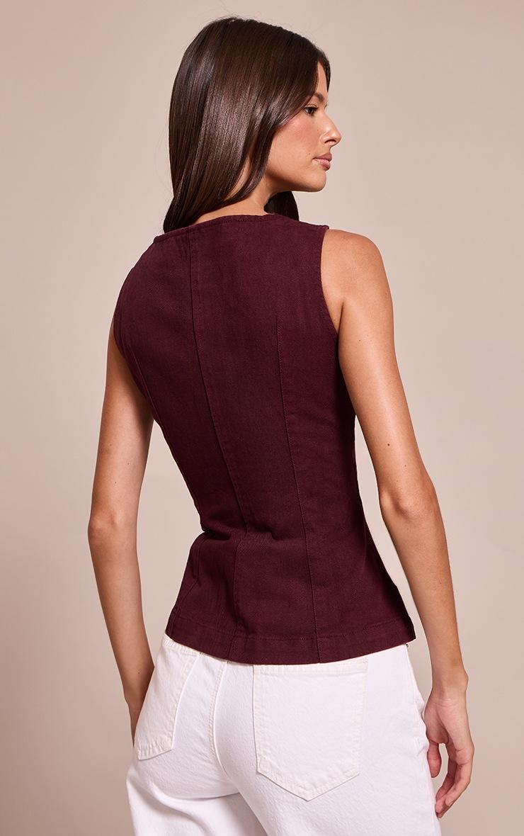 Pretty Little Thing Dark Burgundy Sleeveless Zip Up Denim Top