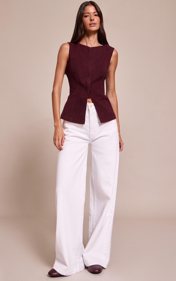 Pretty Little Thing Dark Burgundy Sleeveless Zip Up Denim Top