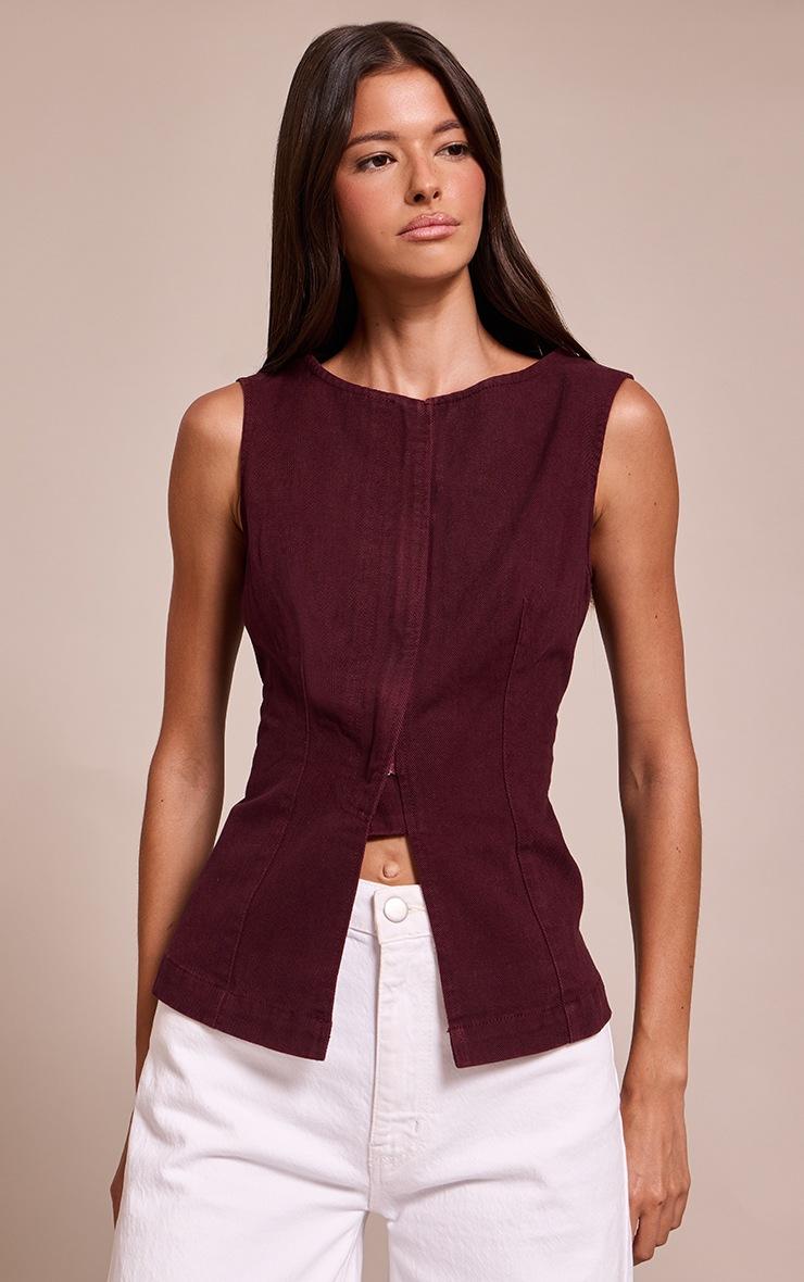 Pretty Little Thing Dark Burgundy Sleeveless Zip Up Denim Top