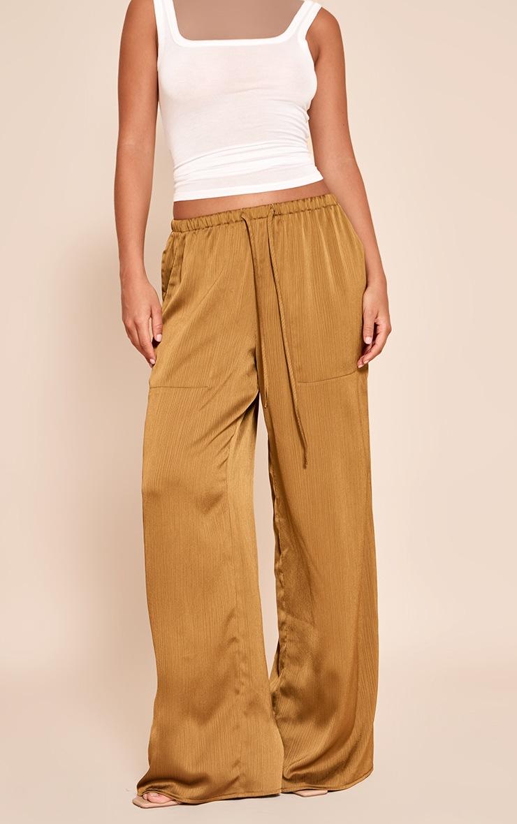 Pretty Little Thing Dark Chartreuse Textured Satin Low Rise Wide Leg Drawstring Pants