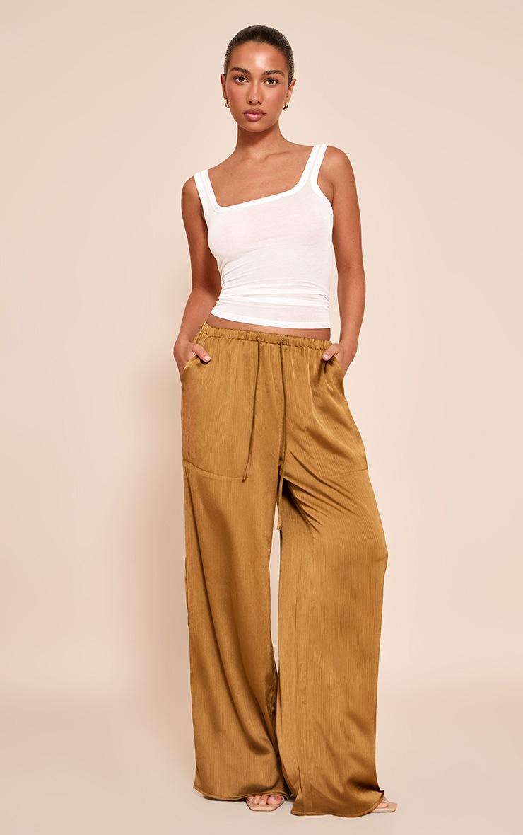 Pretty Little Thing Dark Chartreuse Textured Satin Low Rise Wide Leg Drawstring Pants