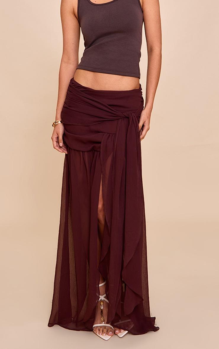 Pretty Little Thing Dark Chocolate Chiffon Lined Tie Front Maxi Skirt