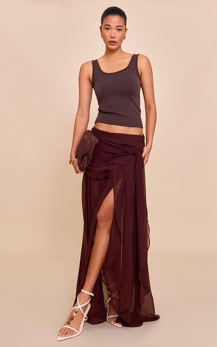 Pretty Little Thing Dark Chocolate Chiffon Lined Tie Front Maxi Skirt
