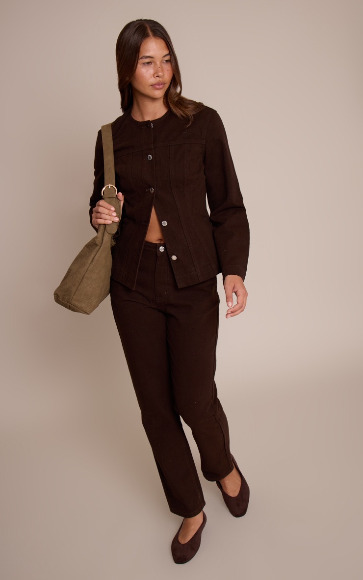 Pretty Little Thing Dark Chocolate Cinched Long Sleeve Denim Jacket