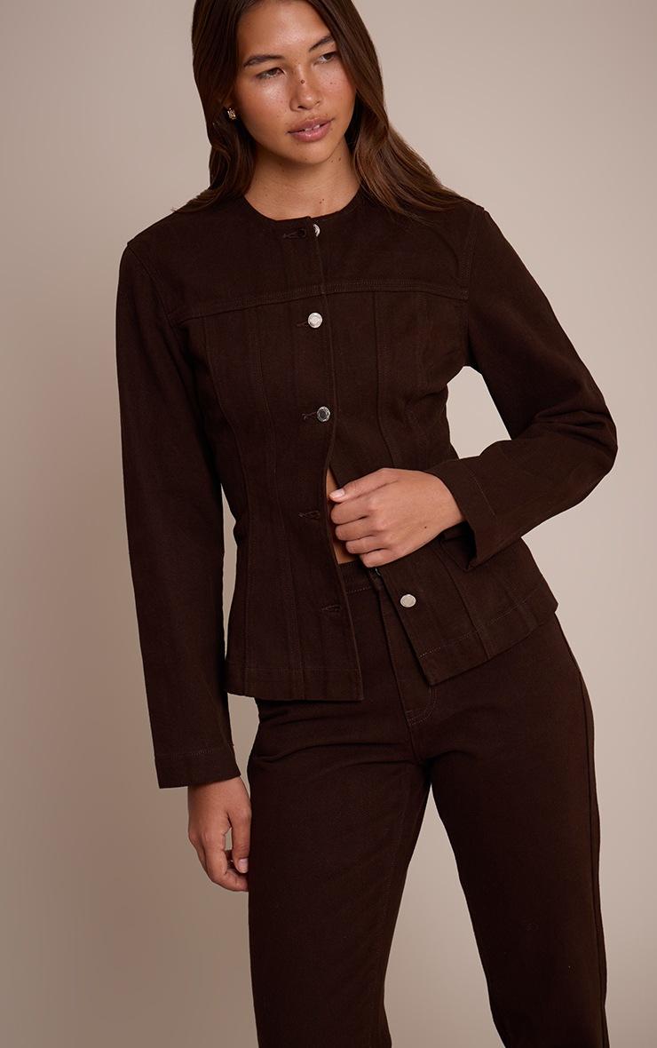 Pretty Little Thing Dark Chocolate Cinched Long Sleeve Denim Jacket