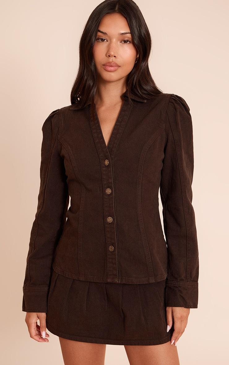 Pretty Little Thing Dark Chocolate Cinched Waist Denim Shirt