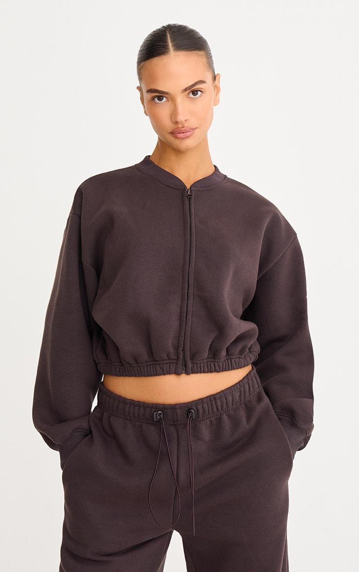 Pretty Little Thing Dark Chocolate Drawcord Waist Cropped Zip Up Sweatshirt