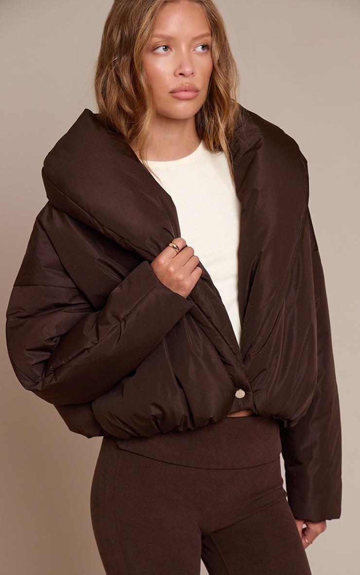 Pretty Little Thing Dark Chocolate Exaggerated Collar Shell Puffer Jacket
