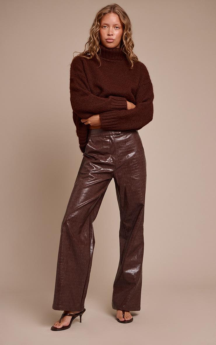 Pretty Little Thing Dark Chocolate Faux Leather Croc Print Straight Leg Pants