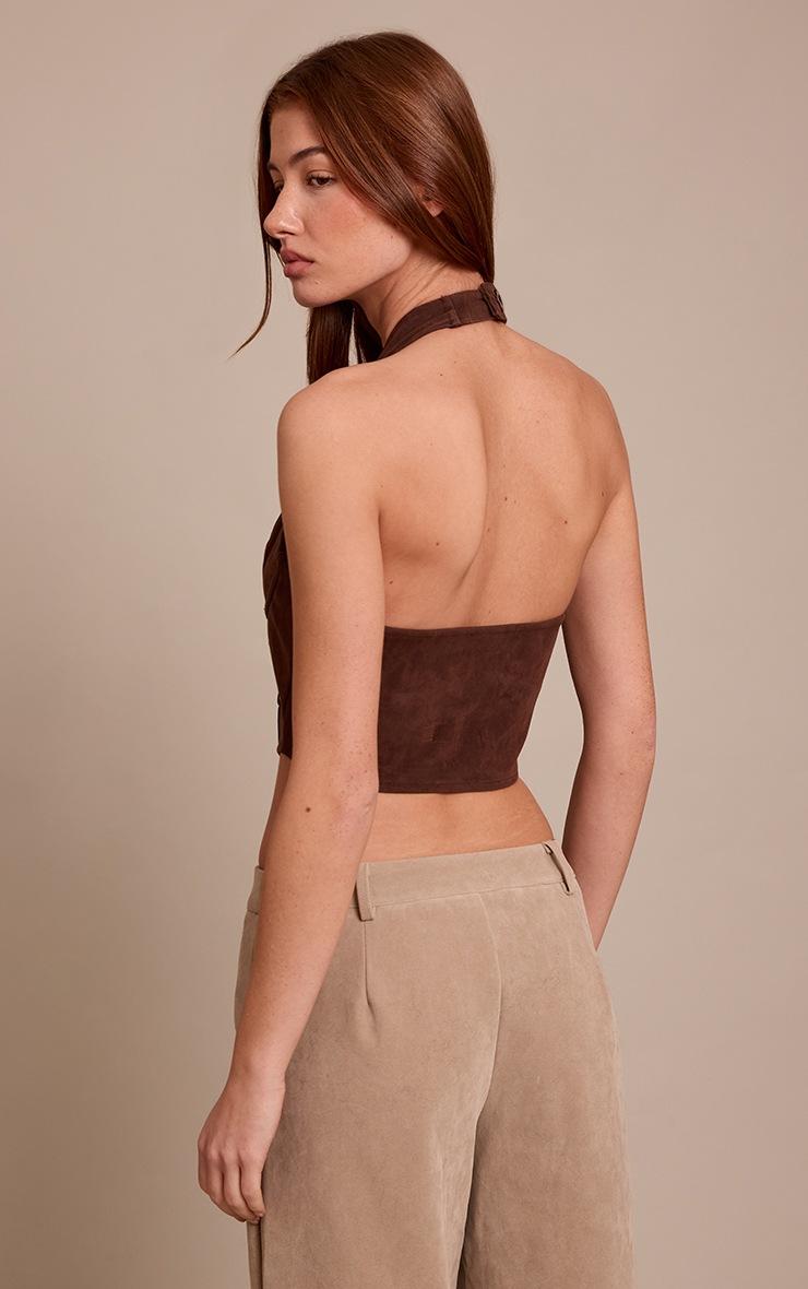 Pretty Little Thing Dark Chocolate Faux Suede Lace Up Plunge Halterneck Top