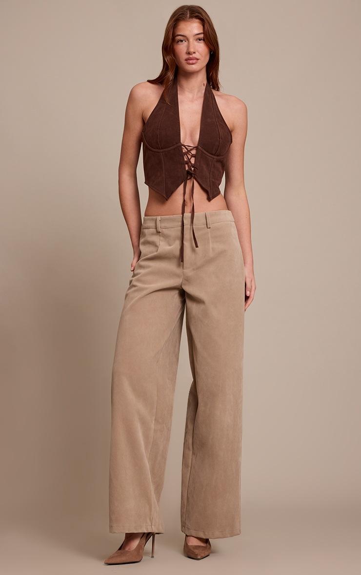 Pretty Little Thing Dark Chocolate Faux Suede Lace Up Plunge Halterneck Top