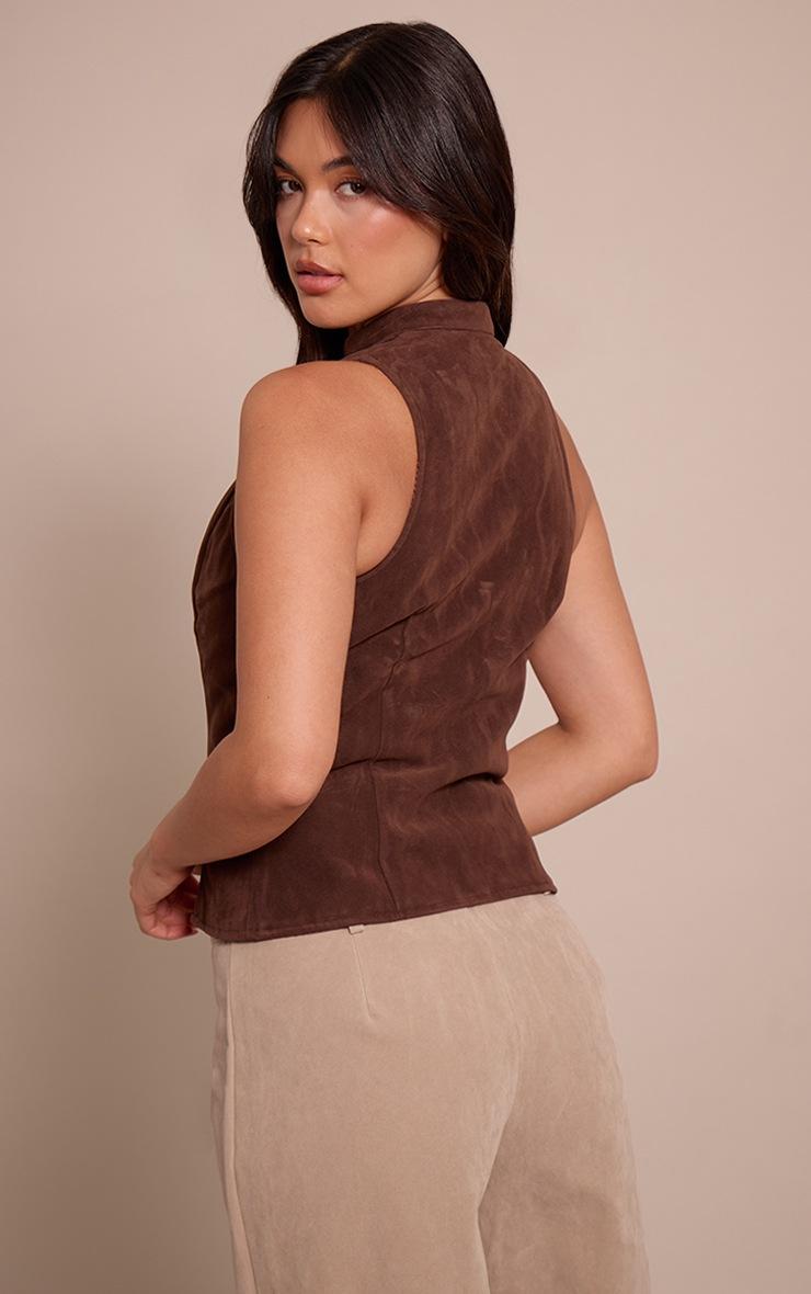 Pretty Little Thing Dark Chocolate Faux Suede Zip Up Sleeveless Top