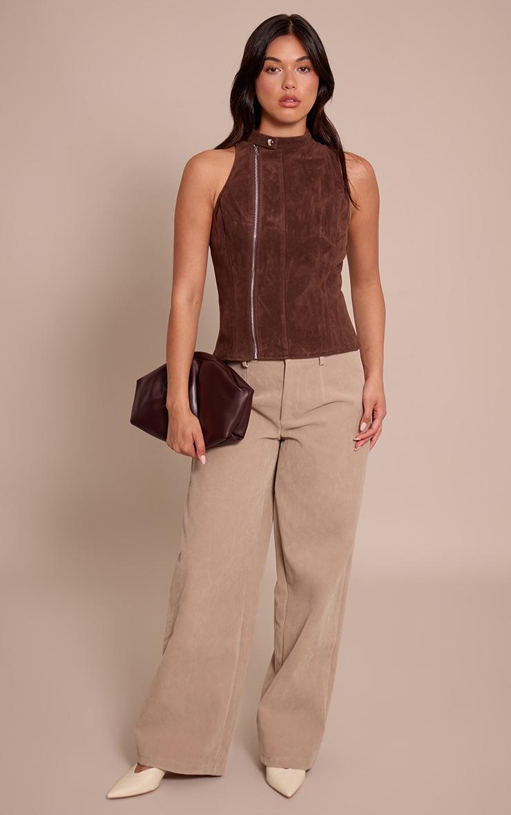 Pretty Little Thing Dark Chocolate Faux Suede Zip Up Sleeveless Top