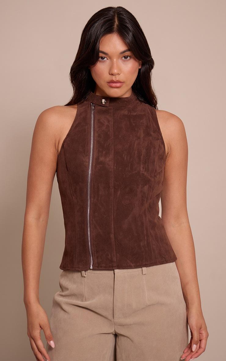 Pretty Little Thing Dark Chocolate Faux Suede Zip Up Sleeveless Top