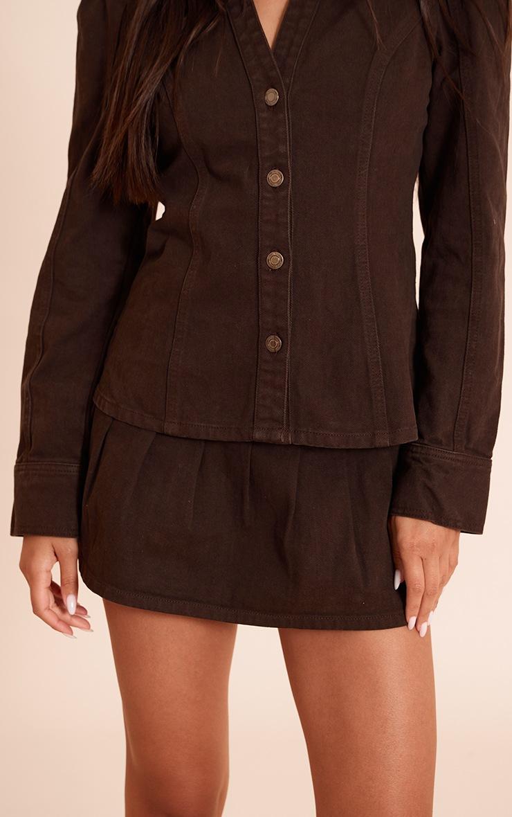 Pretty Little Thing Dark Chocolate Floaty Pleated Denim Mini Skirt